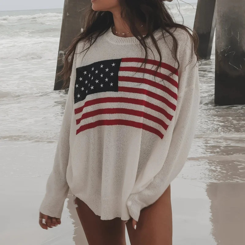 Women American Flag Sweater Loose Fit Long Sleeve Knit Pullover Tops Y2k Vintage 4th of July Hollow Out Jumper Top Streetwear 250808