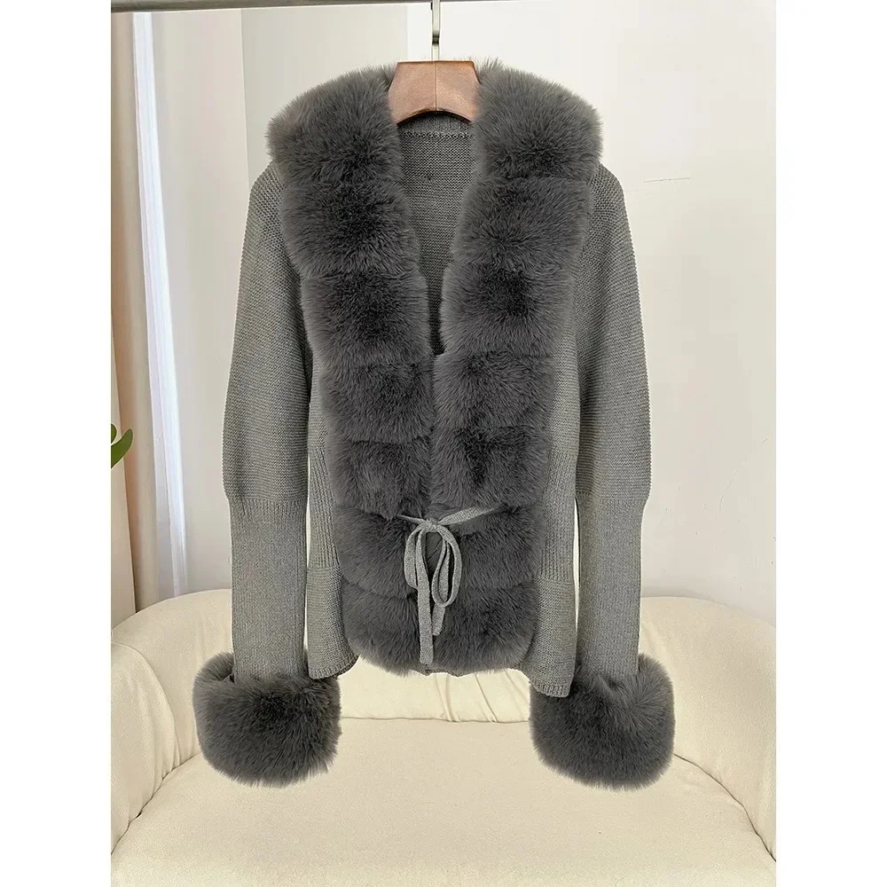 Autumn/Winter Womens Fur Coat Patchwork Knitted Sweater Bandage Fur Cardigan Detachable Collar Jacket Faux Fur Coat 250811