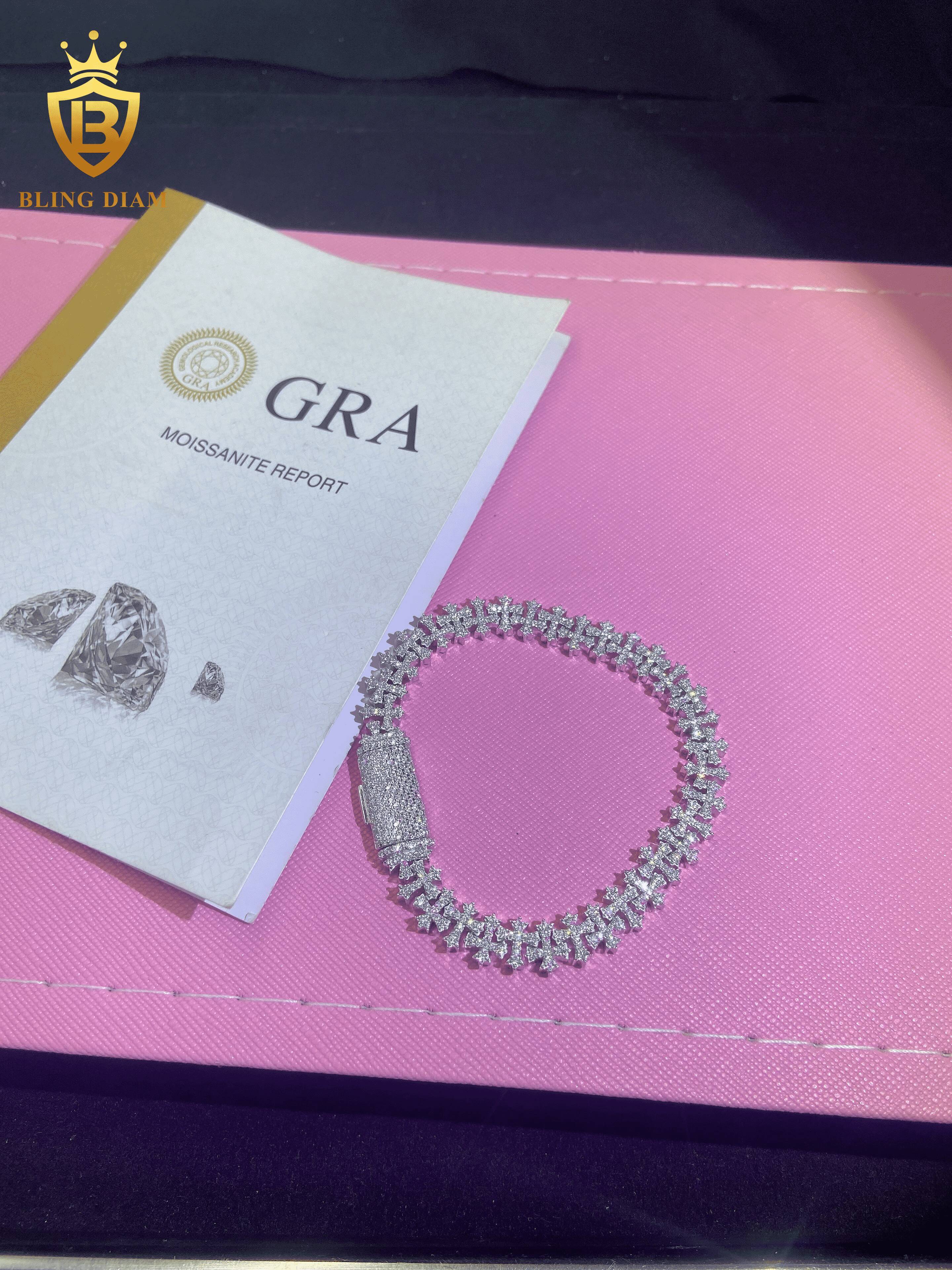 New Design Fashion 925 Sterling Silver 8.5mm Chain Moissanite Cuban Bracelet Men Women Cross Bracelet Hip Hop Style with GRA