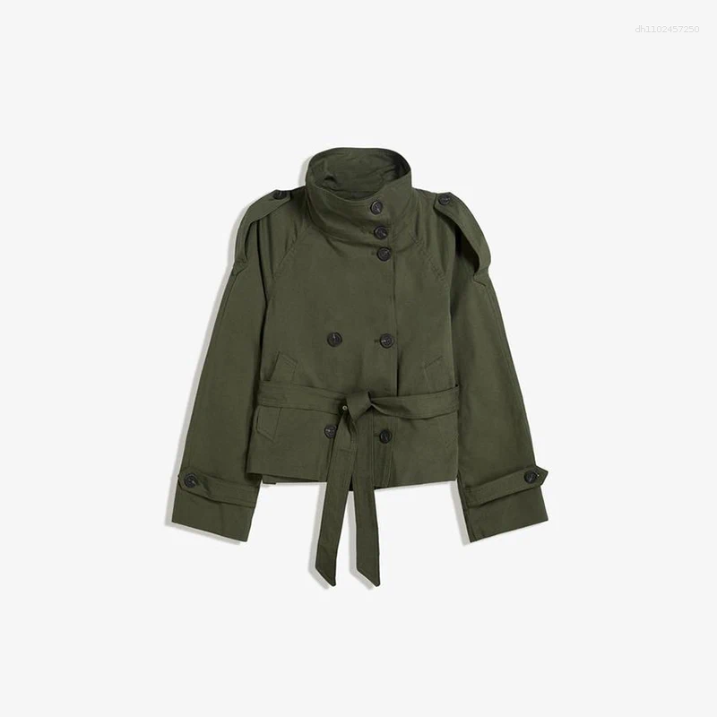 Women's Jackets Chic Stand Collar Double-breasted Belted Waist Cropped Trench Coat Shoulder Epaulets 2025 Autumn Casual Street Outerwear