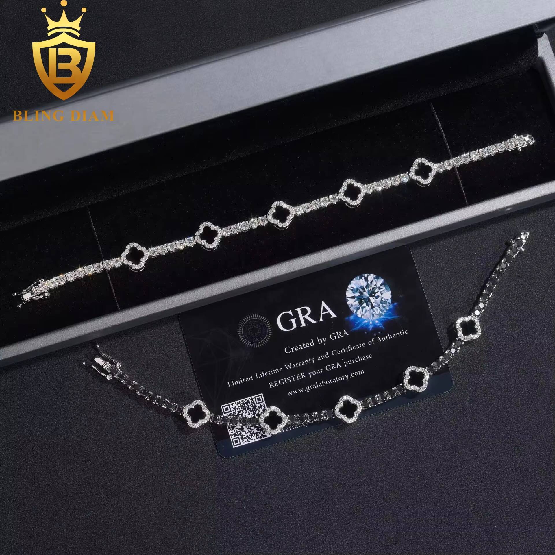 Fashion Black Clover Moissanite Tennis Chain Bracelet 925 Silver 3mm Moissanite Bracelet Pass Diamond test Hip Hop Bracelet