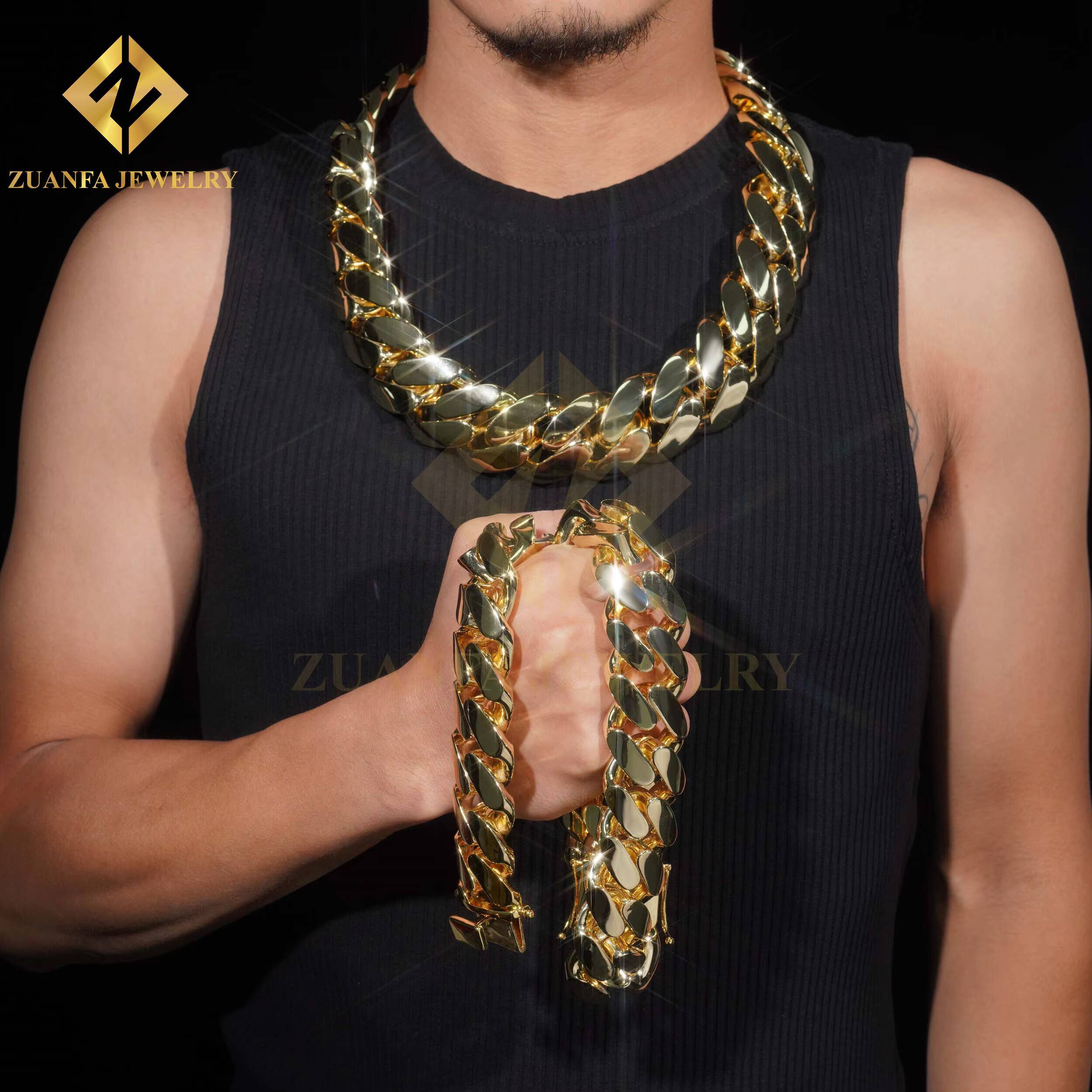 Fashion Jewelry Hot Sale 30mm Copper Cuban Link Chain Hip Hop Chain No Diamond Miami Men Brass Gold Plated Cuban Link Bracelet