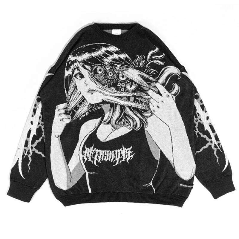 Oversized Men Women Haruku Anime Girl Graffiti Vintage Knitted Sweater 2023 Winter Unisex Cotton Pullover Streetwear