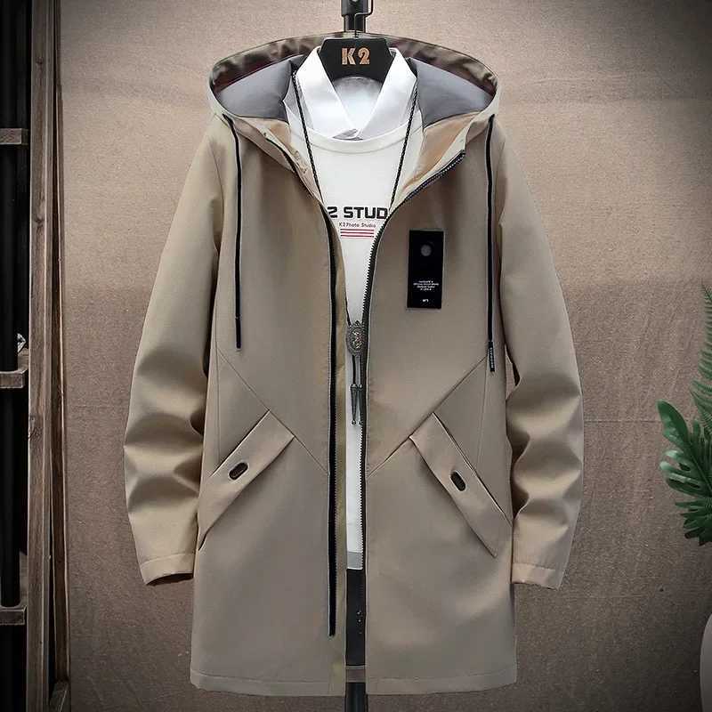 2023 Autumn New Mens Hooded Jacket Solid Color Zip-up Medium-length Casual Trench Coat Windbreaker Stock Available W250815