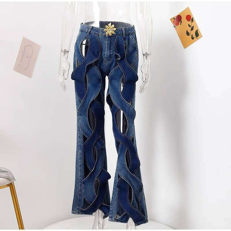 Talenza Summer High Waist Casual Patchwork Sexy Hollow Button Jeans Loose Fashion Streetwear Y2k Women's Pants