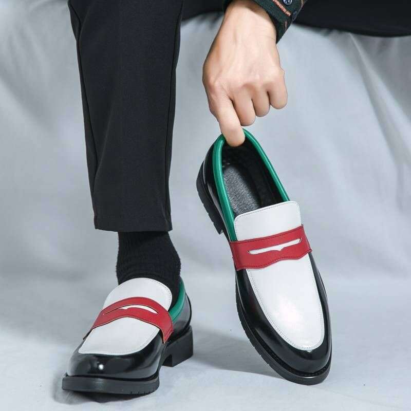 New Fashionable Black And White Color-blocking Business Casual Loafers Leather Pointed Toe Men's Banquet Dress Wedding Shoes