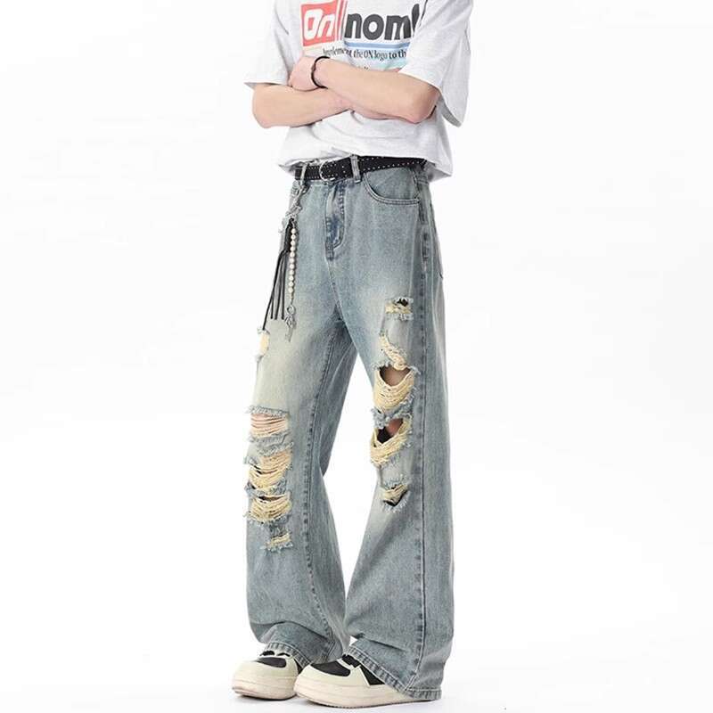 Summer Thin Ripped Jeans For Men American High Street Vibe Style Unique Design Loose Destroyed Pants B5
