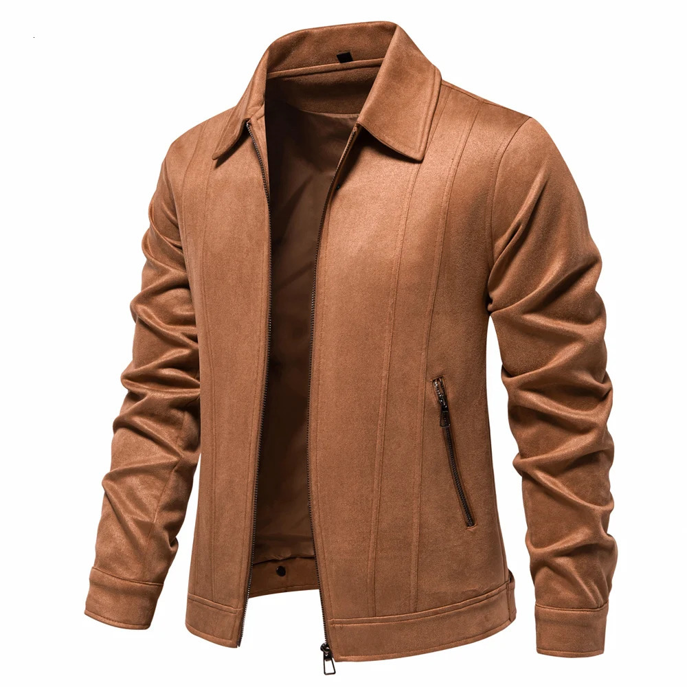 AIOPESON Mens Brown Suede Turn Down Collar Jacket Casual Business Faux Leather Trucker Jackets Coat for Men 250808
