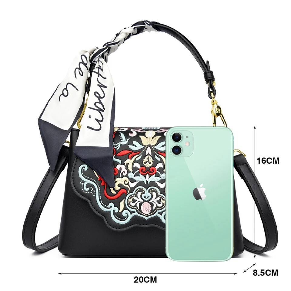 Fashion Embroidery Shoulder Women Designer High Quality Leather Handbag Purse Ladies Small Crossbody Messenger Bag Female