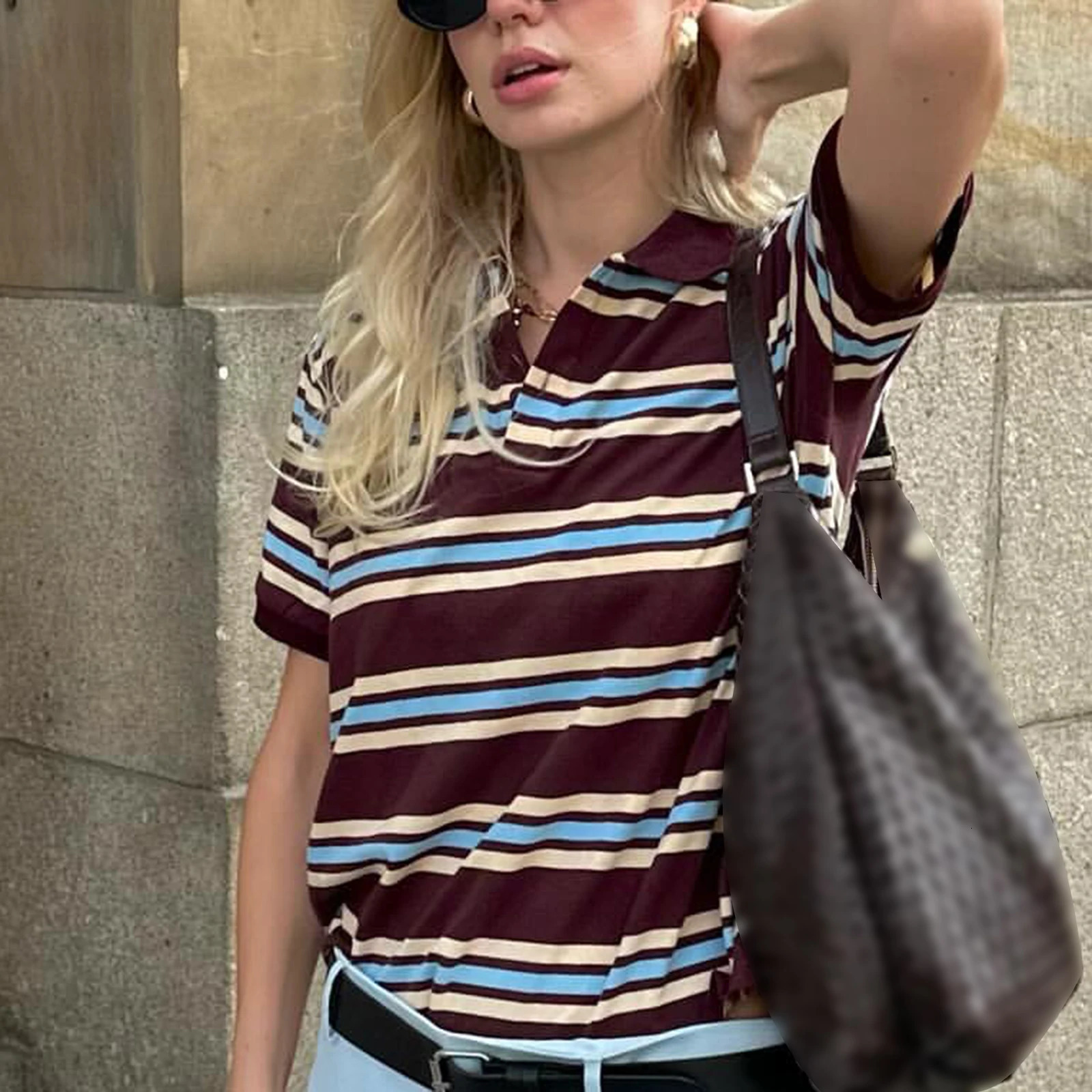 Fashion Womens Striped Shirts Short Sleeve Lapel Collared Teen Girls Preppy Henley 90s Vintage Tee Crop Tops Y2K T 250814