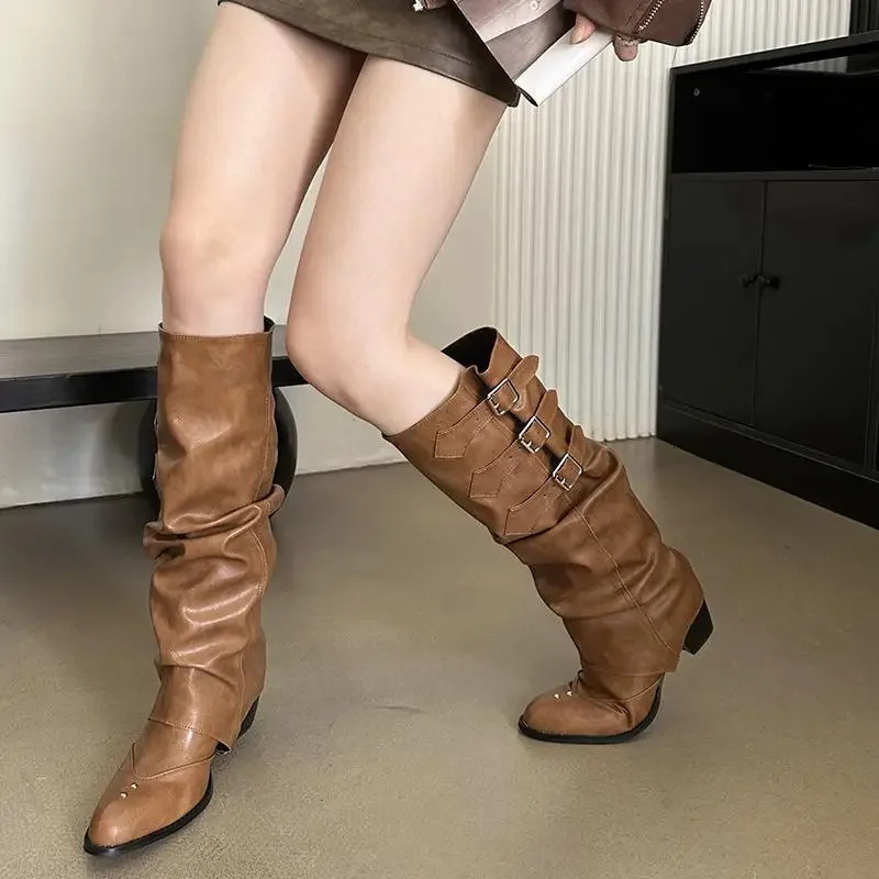 Spring and Autumn Pointed Long tube Fashion Boots Thick Heel Fashion Western Cowboy Folded Stacked Boots 250809