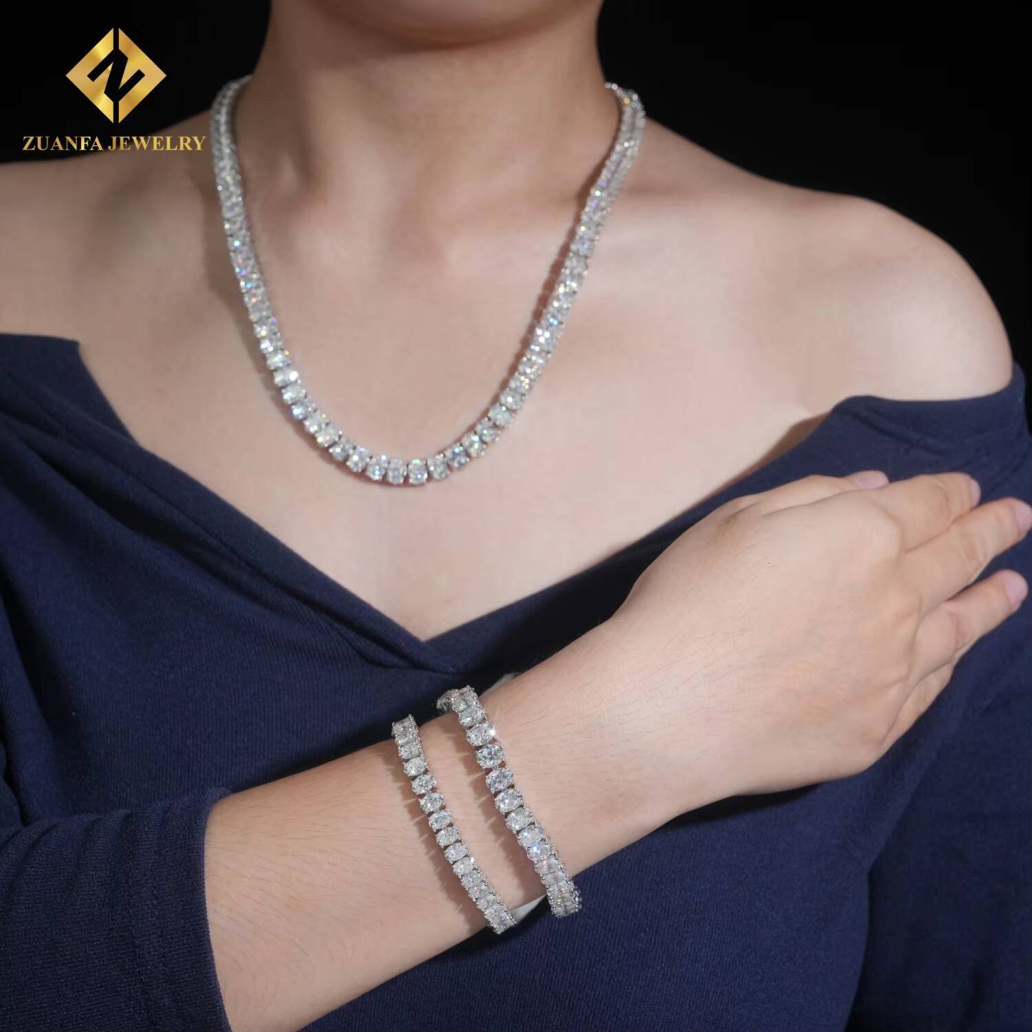 New Fashion Hot Selling Iced Out Hip Hop 925 Silver VVS1 Moissanite Diamond Cluster Tennis Chain Necklace