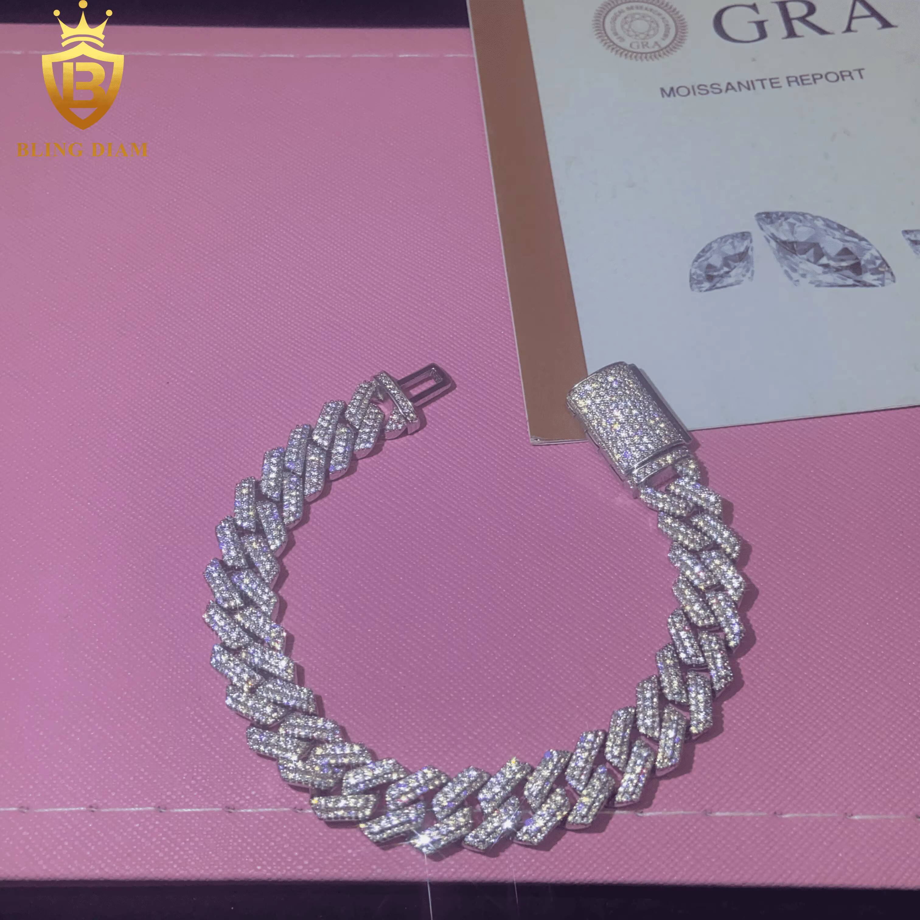 New Design Fashion 925 Silver Cuban Chain Moissanite Cuban Bracelet Men Women Hip Hop Style Pass Diamond Tester GRA Certificate