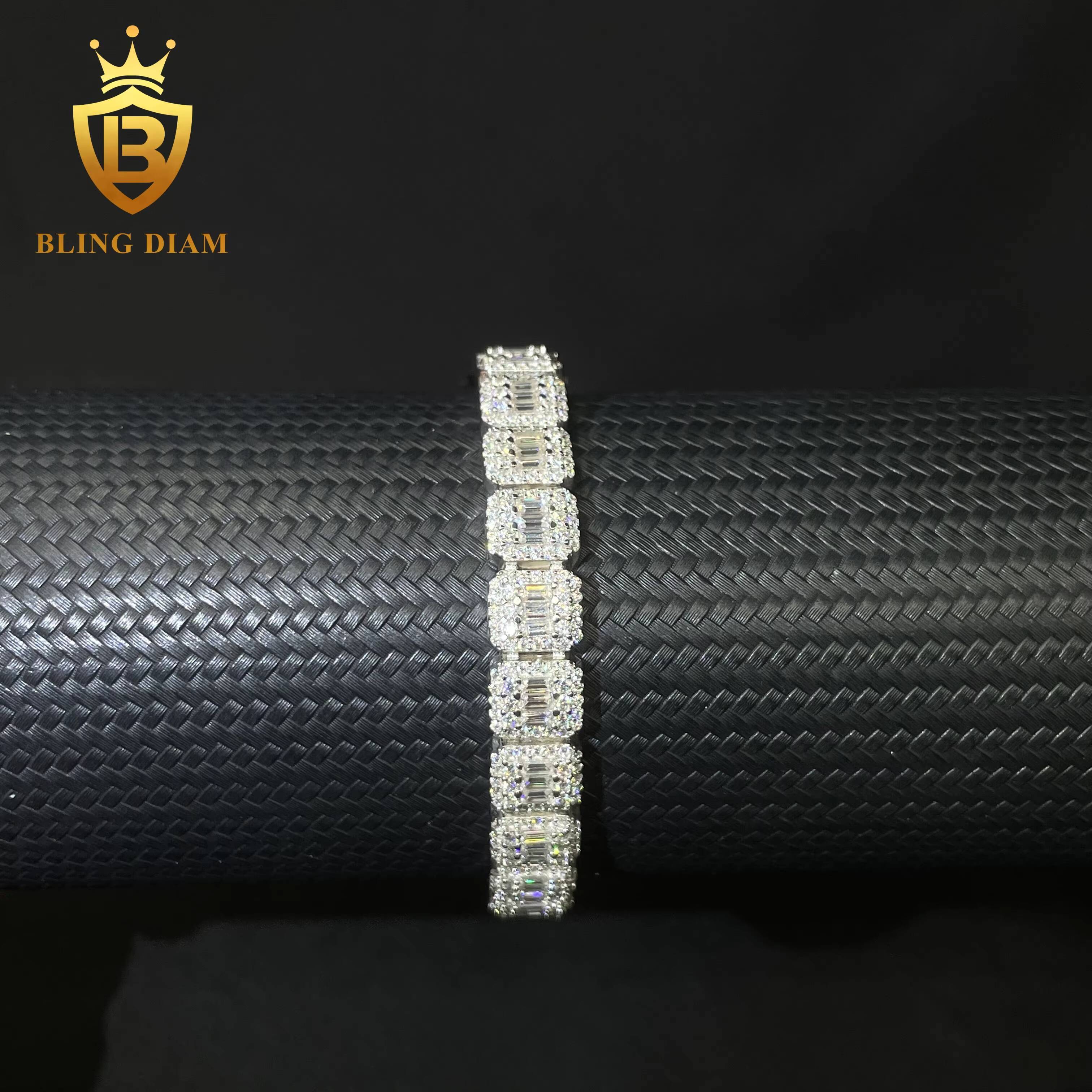 New Style Fashion 9mm Luxury Iced Out Hip Hop Jewelry 925 Sterling Silver Baguette Cluster Tennis Chain Bracelet