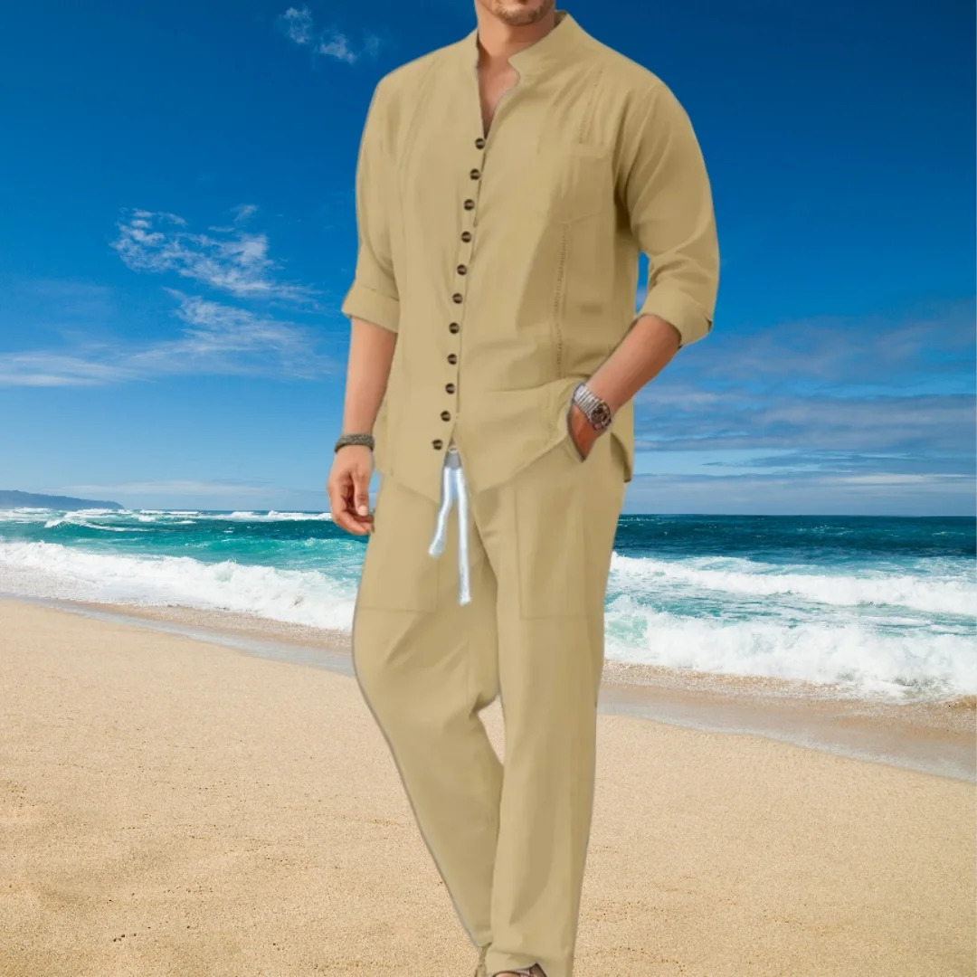 Mens Retro Cotton And Linen Set Spring Autumn Fashion Standup Collar Pocket Long Pants Longsleeved Twopiece set 250814