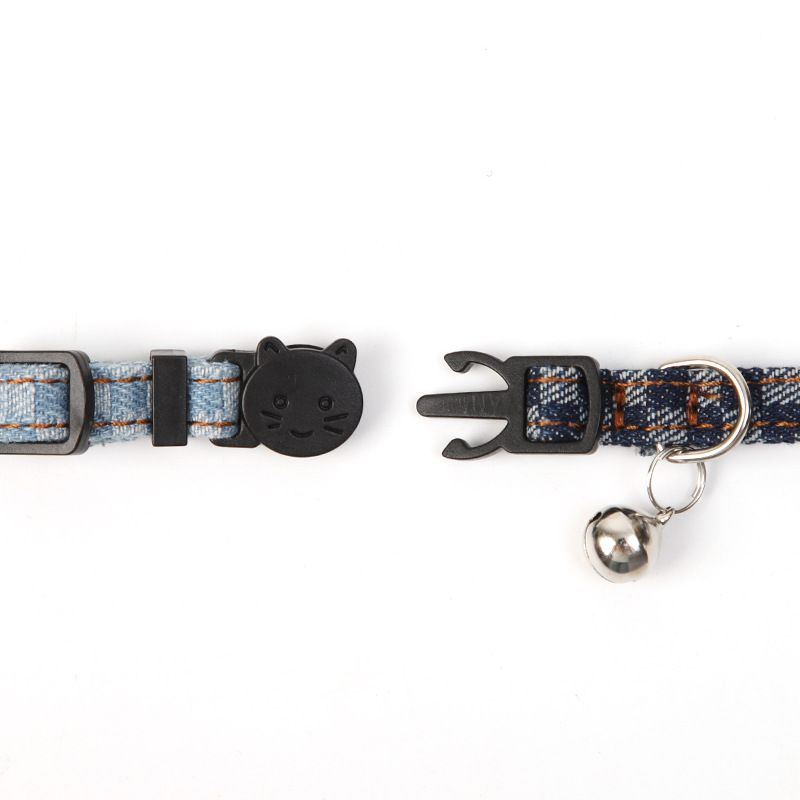 Chic Checkered Denim Bow Tie Pet Dog Cats Collar with Bell Light & Dark Wash