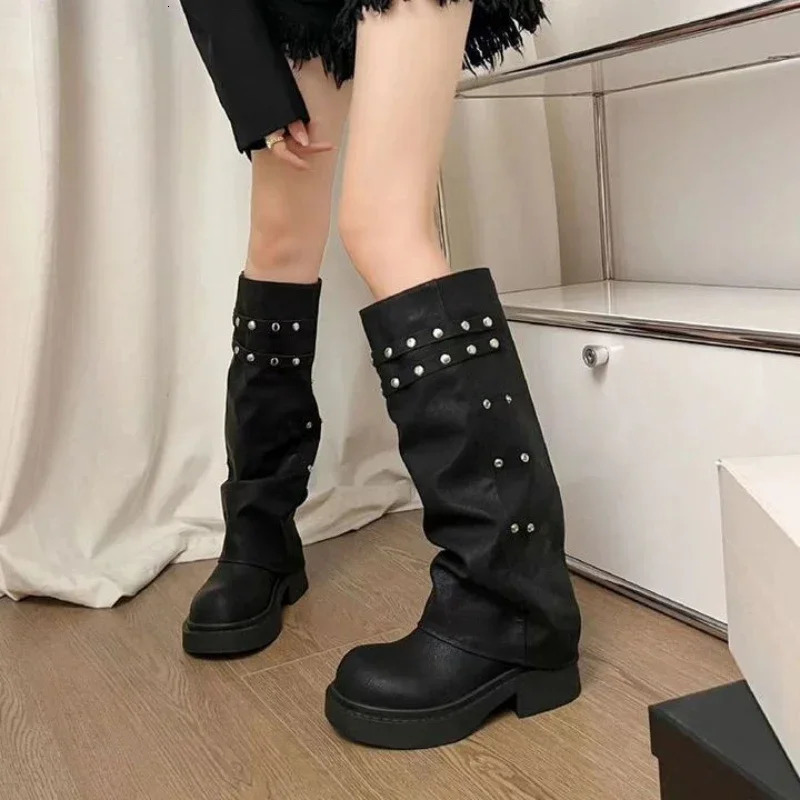 Women Western Cowgirl Boots Fashion Autumn Knee High Boots Women Punk Style Pu Leather Long Botas Woman Black Studded Pant Boot 250809