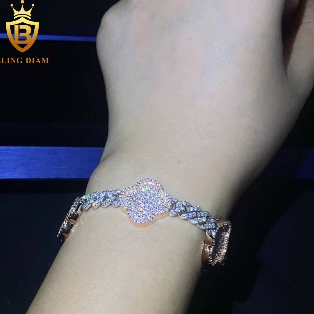 Four Leaf Clover 6mm 925 Sterling Silver Chain Moissanite Cuban Bracelet Men Women Hip Hop Style Pass Diamond Tester with GRA