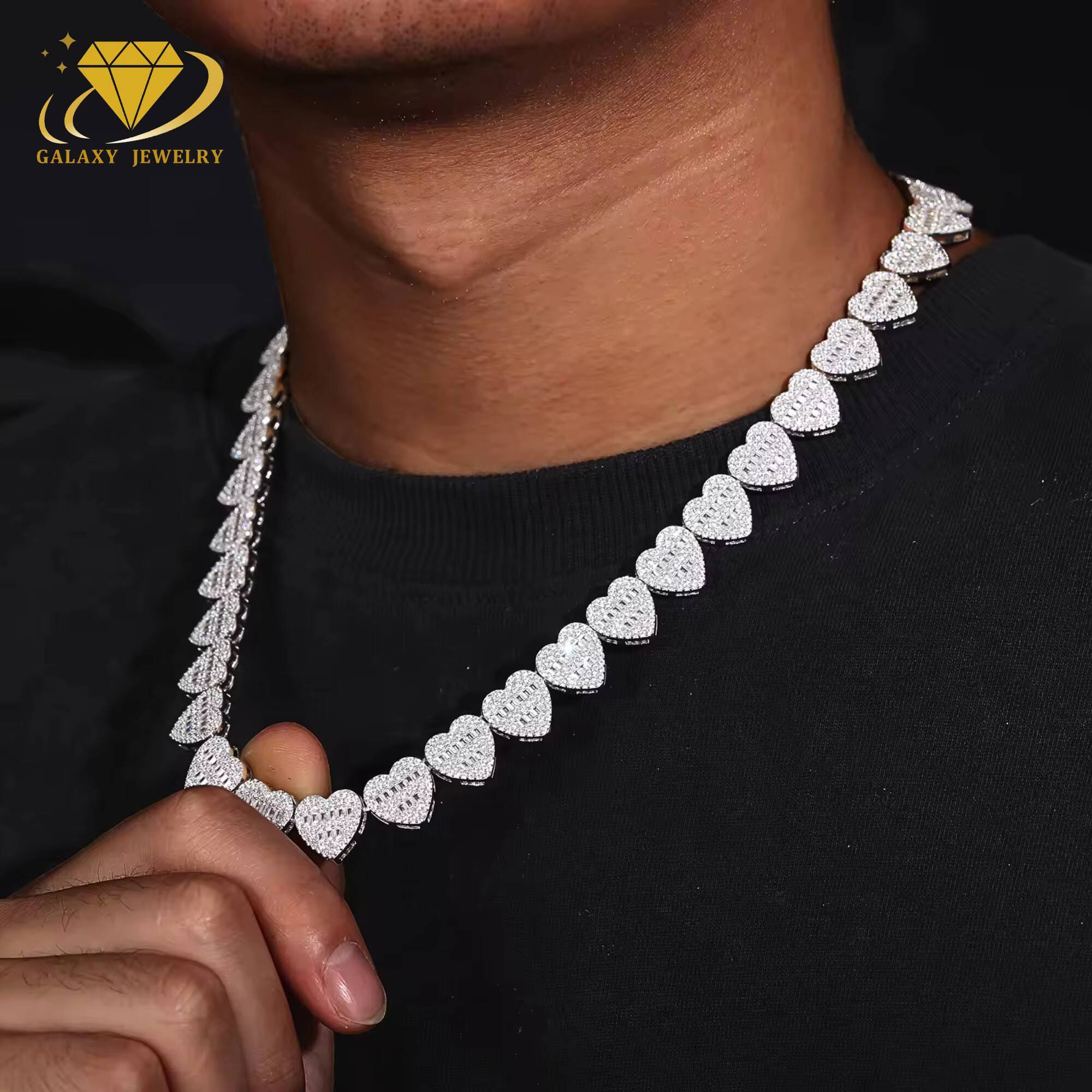 Pass Diamond Tester Fully Iced Out Heart Links Necklace White Gold Plated Baguette Moissanite Diamond 925 Silver Tennis Chains