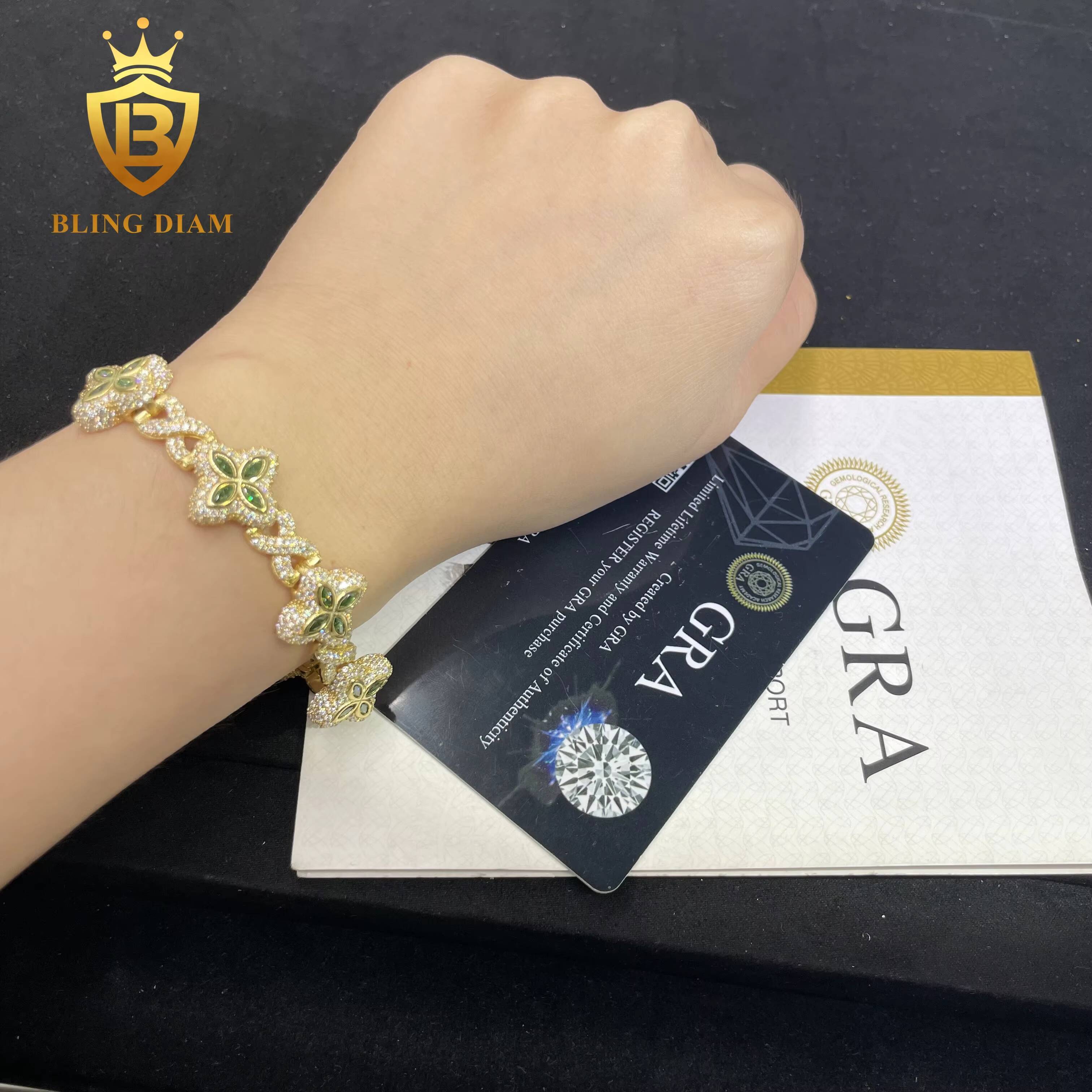 New Style Rapper Jewelry Marquise Flower 15mm Hip Hop Bracelet Moissanite Diamond Cuban Link Bracelet 925 Silver Men Bracelet