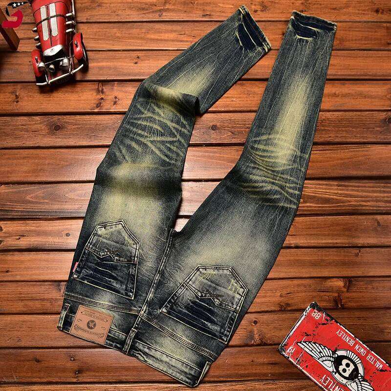 High-End Motorcycle Jeans Men's Autumn Washed-out Vintage Nostalgic Fall Slim Fit Straight Stretch Denim Long Pants