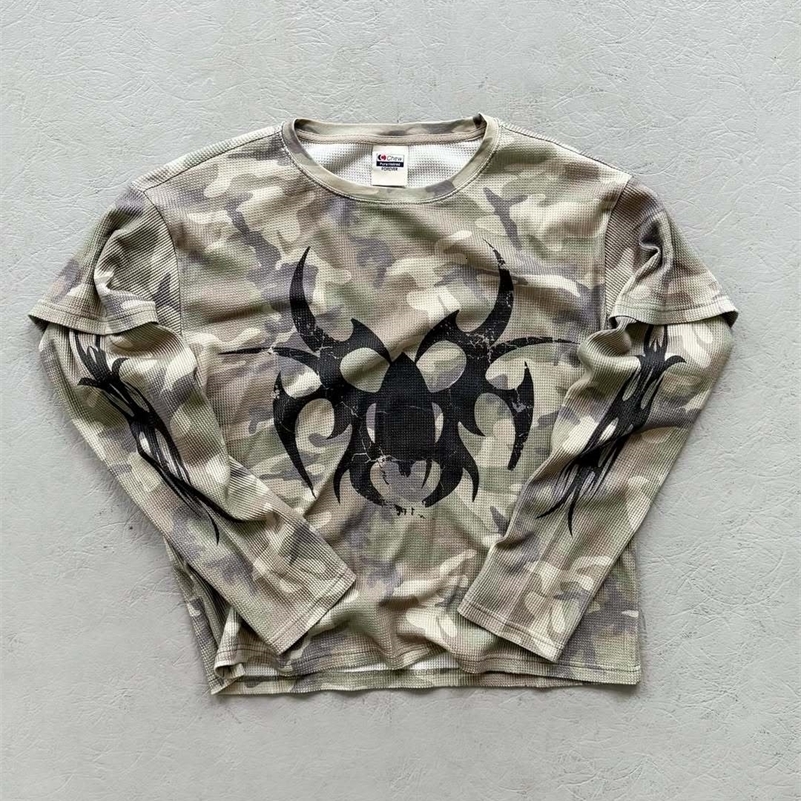 Street Hip-hop Fashion Camouflage Retro Loose Long Sleeve Men Y2K Harajuku Punk Goth Casual Oversized Top Women 250809