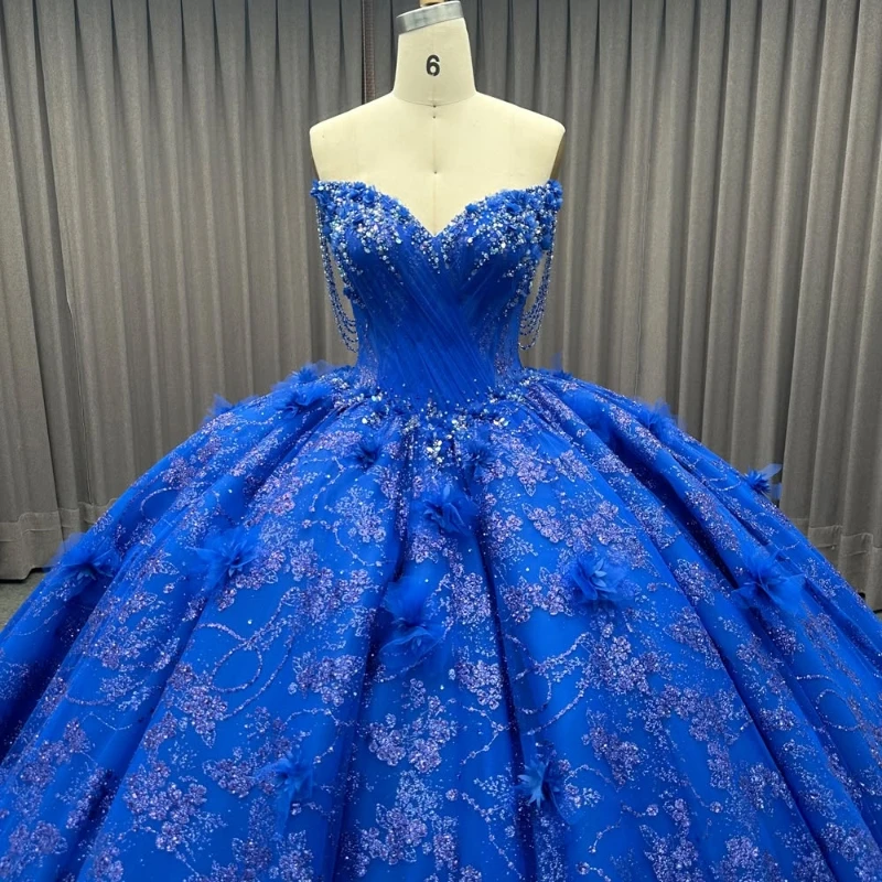 Royal Blue Shiny Princess Sweet 16 Dress Quinceanera Dresses Sequin Applique Flower Beading Tull Party Birthday Vestido De 15Anos