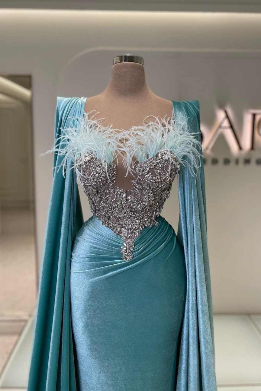 Designer Feather Mermaid Evening Dress Square Neck Long Sleeve Crystal Prom Gowns Sheath Floor Length Party Dresses Customized