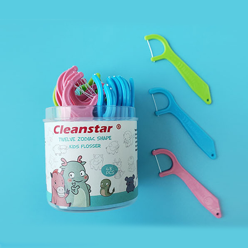 12 Chinese Zodiac Children's Dental Floss Sticks, 48-Piece Canister, Colorful Dental Floss Sticks, Plastic Dental Floss