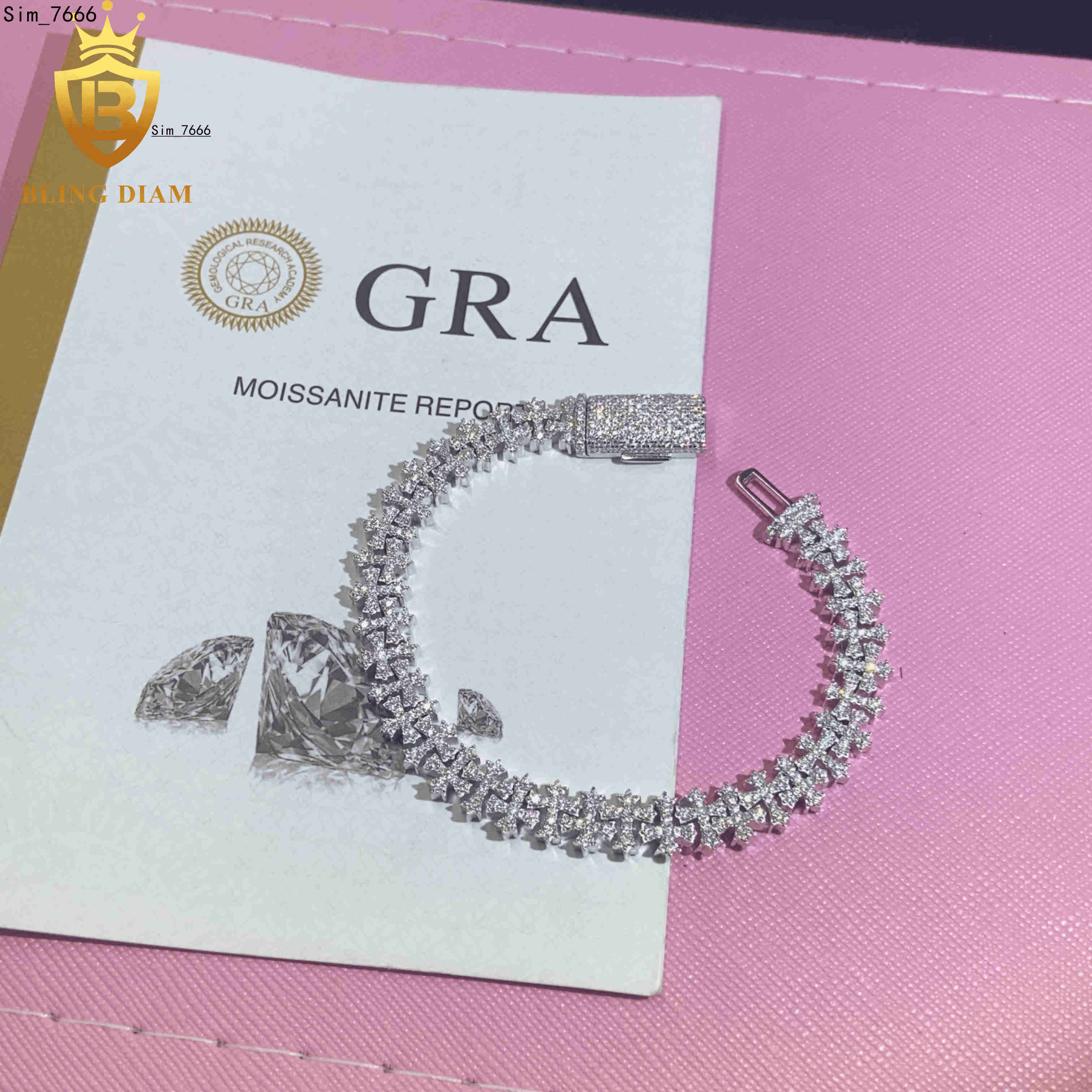 New Design Fashion 925 Sterling Silver 8.5mm Chain Moissanite Cuban Bracelet Men Women Cross Bracelet Hip Hop Style with GRA