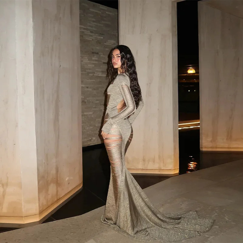 Sexy Hollow Out Evening Party Maxi Dress For Women Long Sleeve Backless Slimming High Waist Robe 2025 Summer Y2k 250808