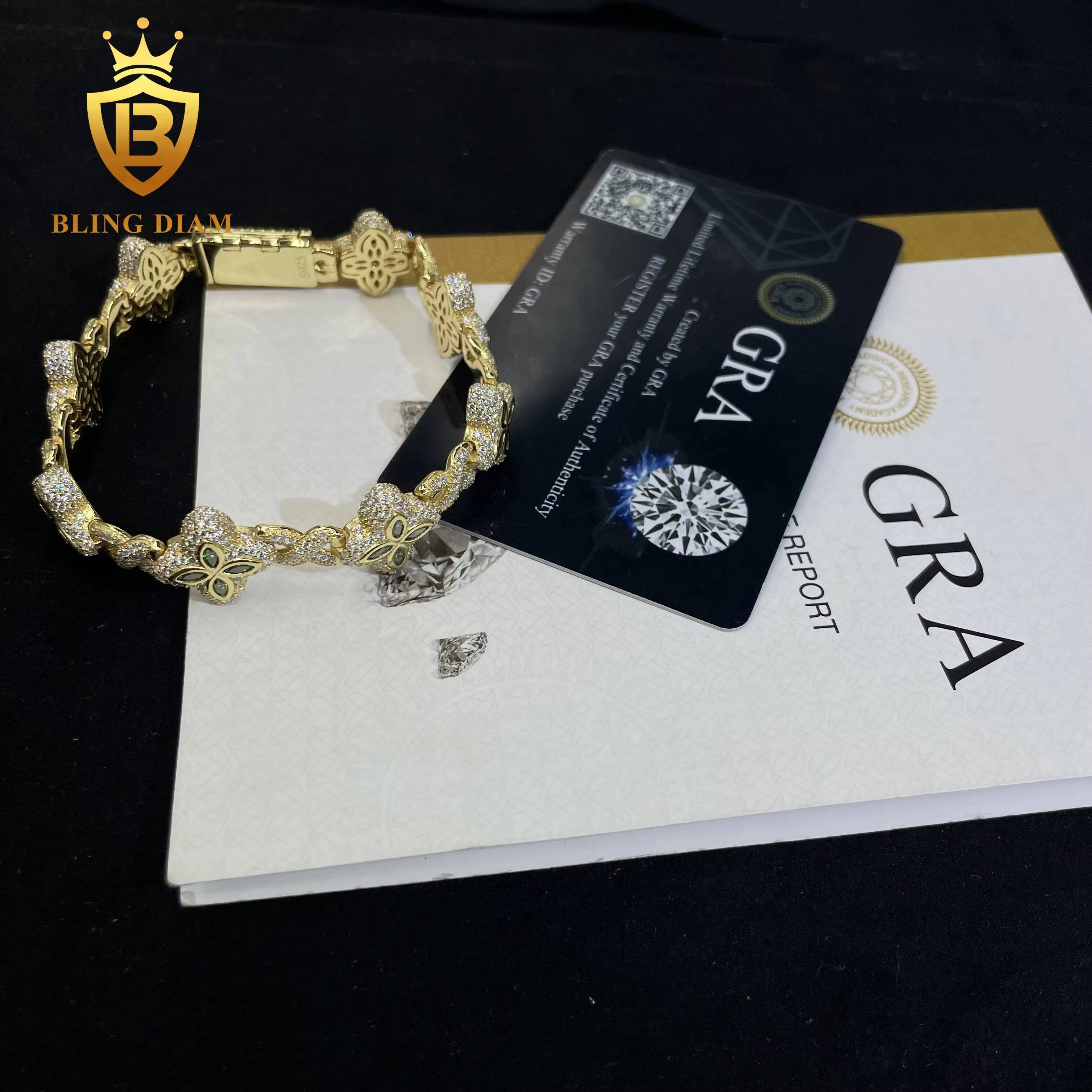 New Style Rapper Jewelry Marquise Flower 15mm Hip Hop Bracelet Moissanite Diamond Cuban Link Bracelet 925 Silver Men Bracelet