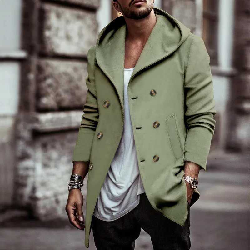 Mens Medium and Long Lapel Hooded Composite Space Cotton Double-Breasted Casual Trench Coat W250815