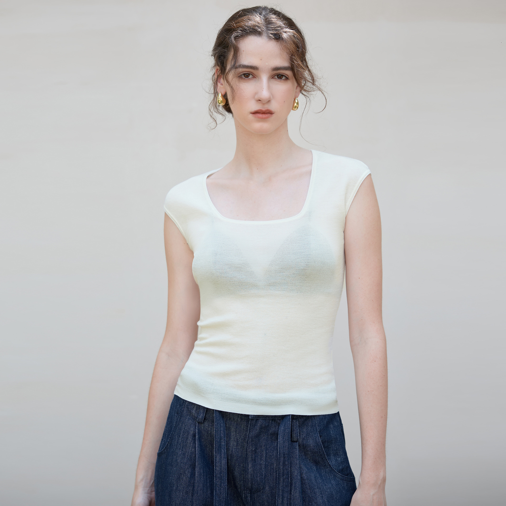 High-End Wool Knit Sweater Old Money Style Square Neck T-Shirt Summer Slim Fit Stretch Thin Short Sleeve Top