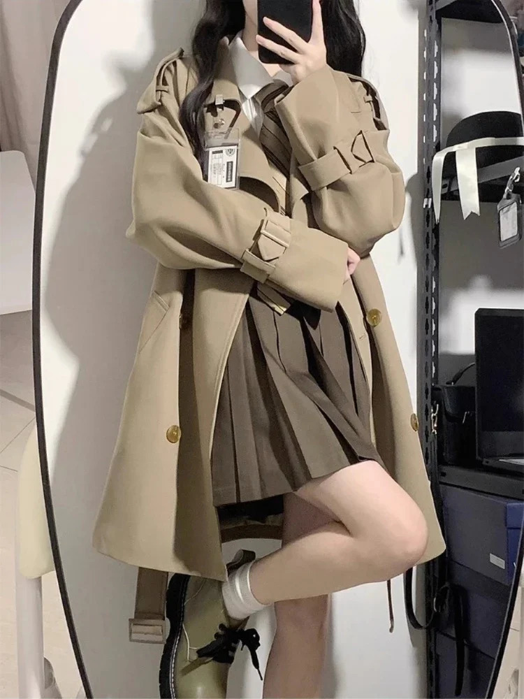 Womens Trench Coat 2024 Spring Autumn Korean Fashion Long Sleeve Belt Mid Length Casual Loose Lace Up Women Jackets 250805