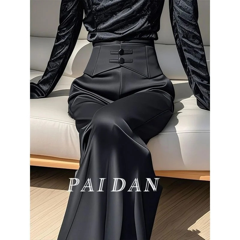 Limiguyue Chinese Frog Button Suit Pant High Waist Loose Wide Leg Trousers White Soft Satin Office Long Pants 104A 250808