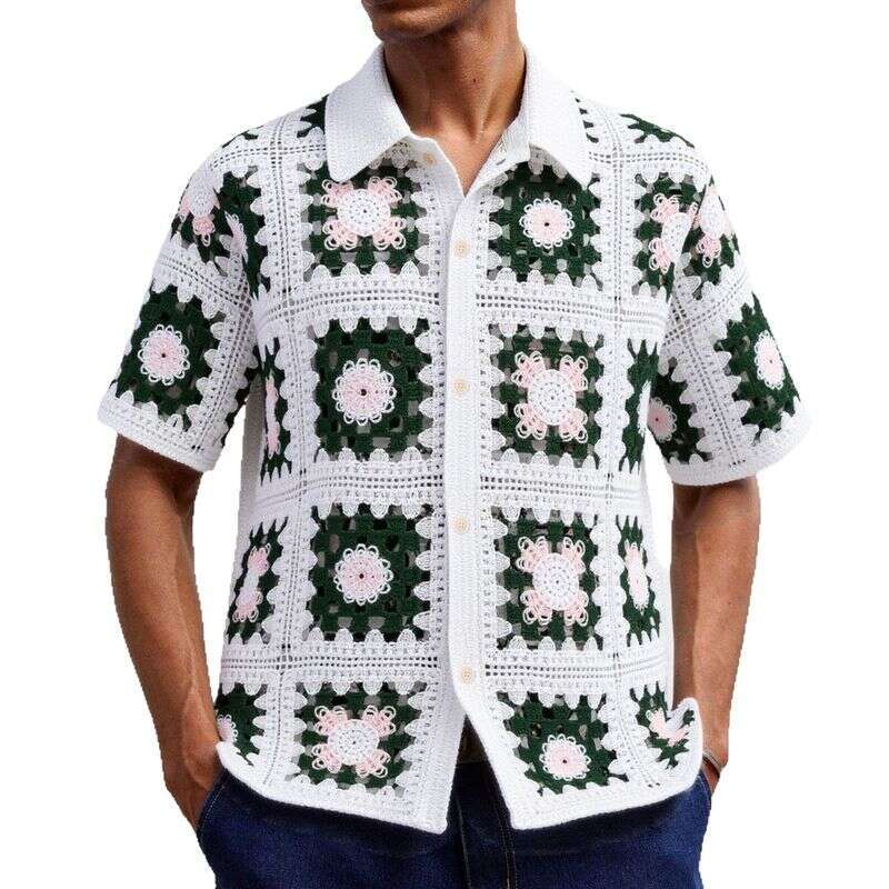 Men's Clothing Retro Crochet Sweater Casual Versatile Hollow Short Sleeved Knitted Shirt