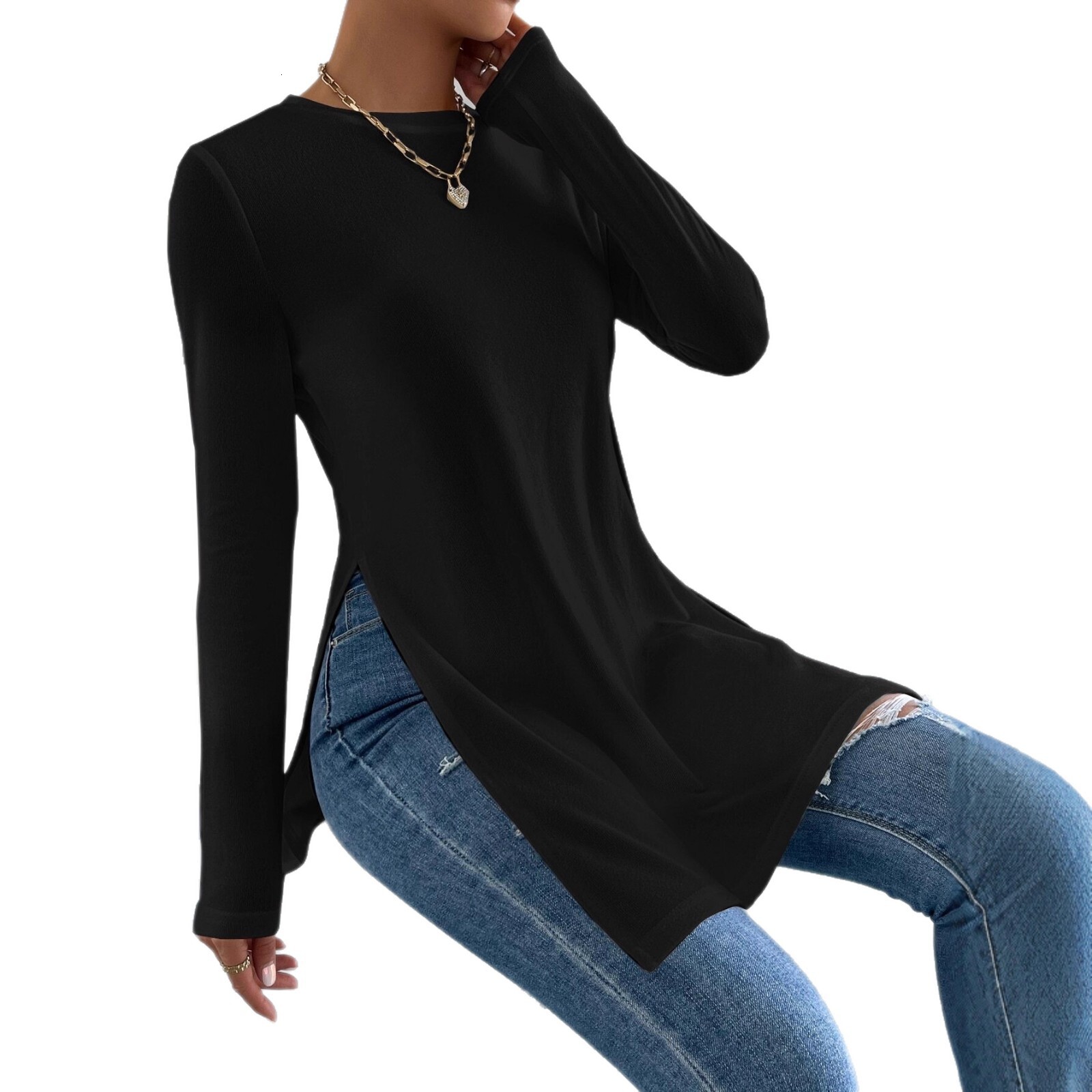 Women's Sleeve Top Solid Color Hem Split Long Version T-Shirt for Women
