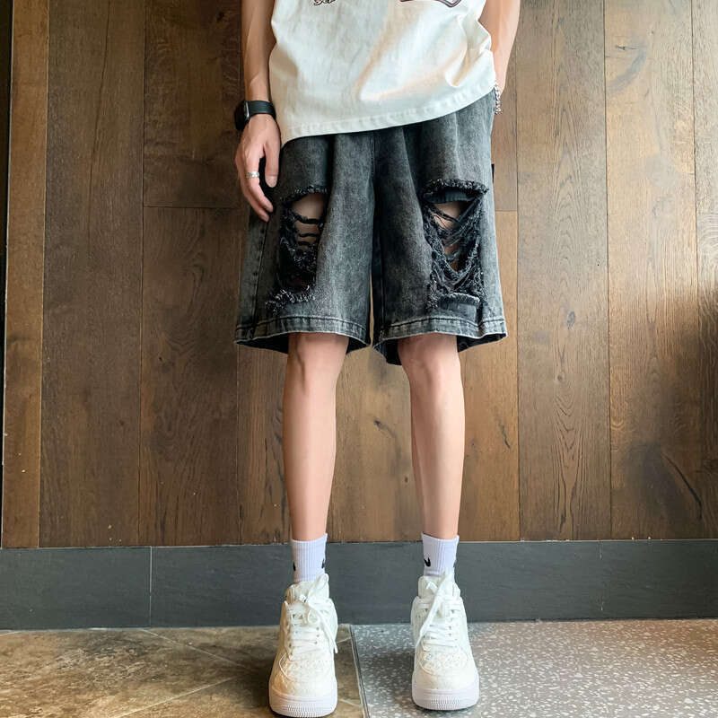 Pink Distressed Denim For Men Summer American High Street Trendy Brand Beggar Pants Niche Design Five-Point Mid-Length Shorts B5