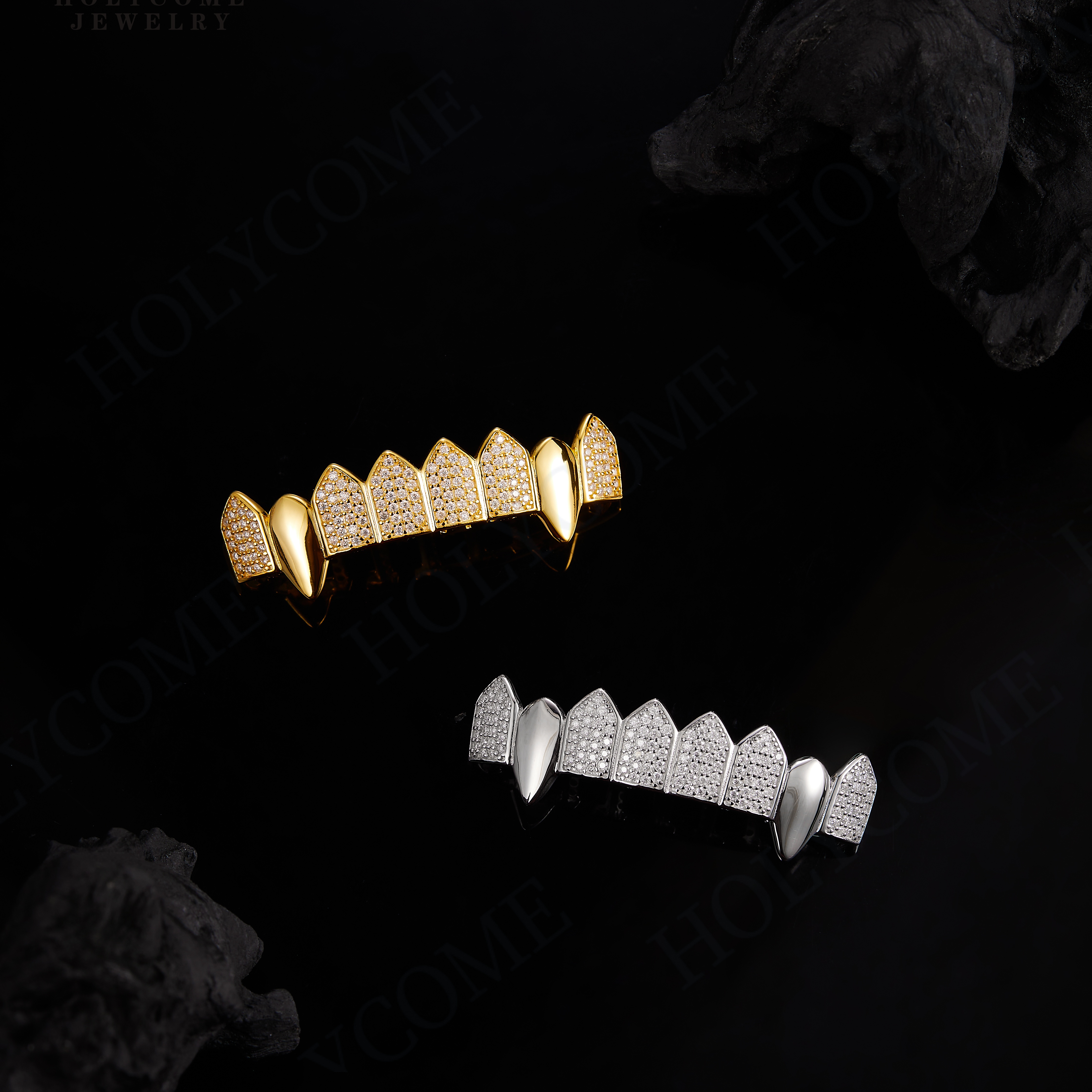 Custom Bling Grillz Hip Hop Full Moissanite Stone Vampire Teeth Grillz Caps Iced Out Micro Pave 8 Top 8 Bottom Charm Grills For Men Women Jewelry