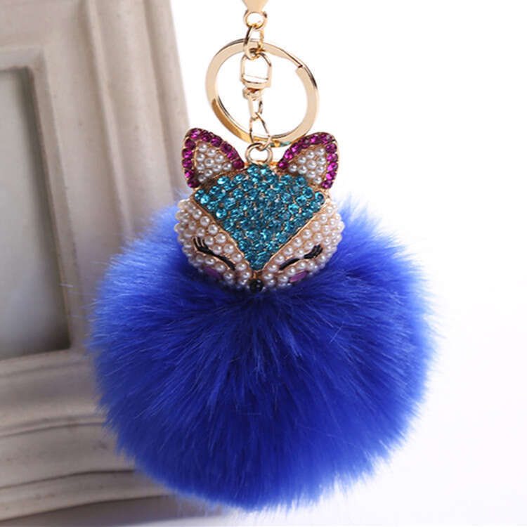 Creative Fox Head Pendant Keychain Extra Large Rabbit Fur Ball Plush Inlaid with Rhinestones for Phone and Bag