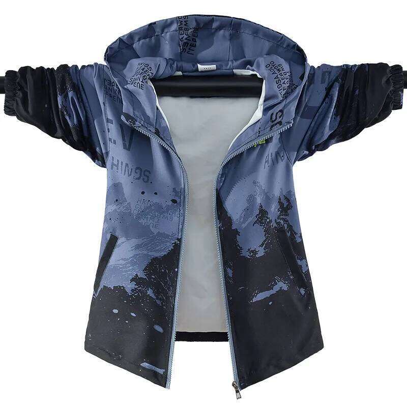 Spring Summer Waterproof Hooded Contrast Printed Boys Lined Zip Hiking Jackets School Kids Outfit Tops Child Track Coat 3-14 Yr