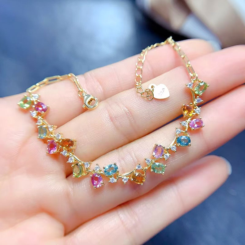 925 silver bracelet 925 silver tourmaline bracelet 3mm*4mm natural tourmaline jewelry for vacation 18K gold plated silver multi-color gemstone bracele