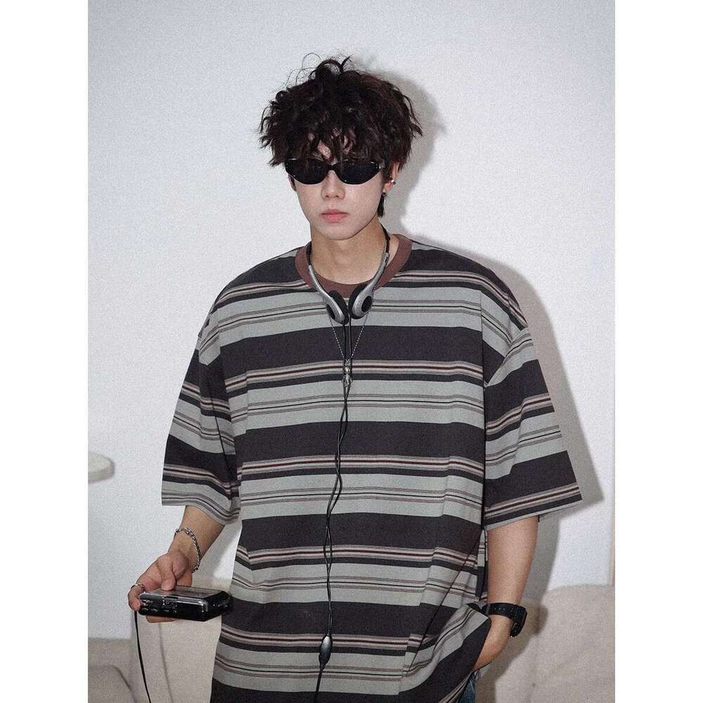 Striped Short Sleeve T-Shirt For Men Summer Boys Teenagers Loose Fit Pure Cotton Design Top Trendy B5