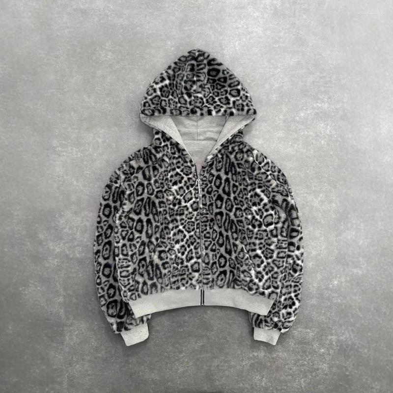 Men's Hoodies Autumn Winter Retro Fashion Leopard Print Two Sides Wear Loose Zip Up Hoodie Men High Street Punk Casual Oversized Sweatshirts