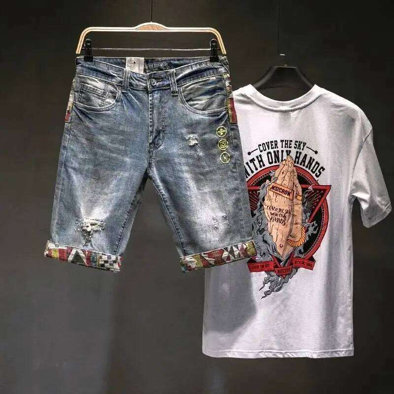 High-end Haruku Fashion Designer Clothes Embroidered Patchwork Summer Jeans Shorts Men Straight Knee Length Casual Trousers
