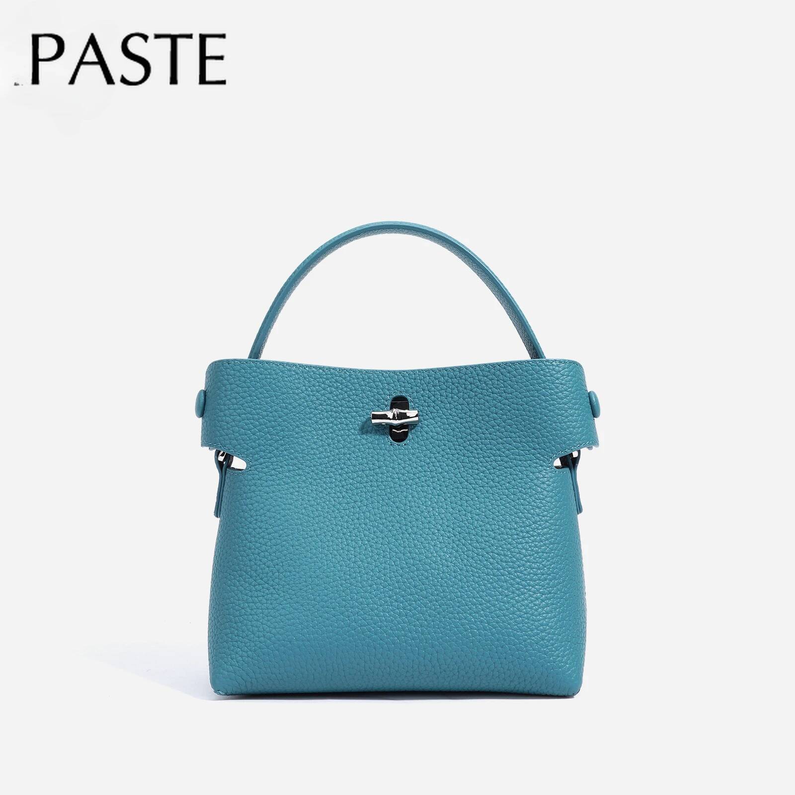 New Summer Blue Color High-End Small Bucket Tote Buckle Close Design Genuine Cow Leather Women Shoulder Bag Handbag