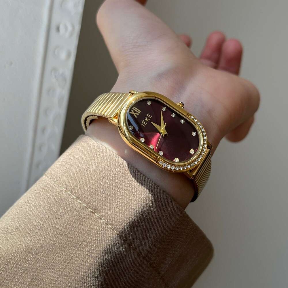 Designer Vintage Style Oval Women's Red Diamond-Studded Niche Light Luxury for Women High-End Metal Strap Ladies' Watch