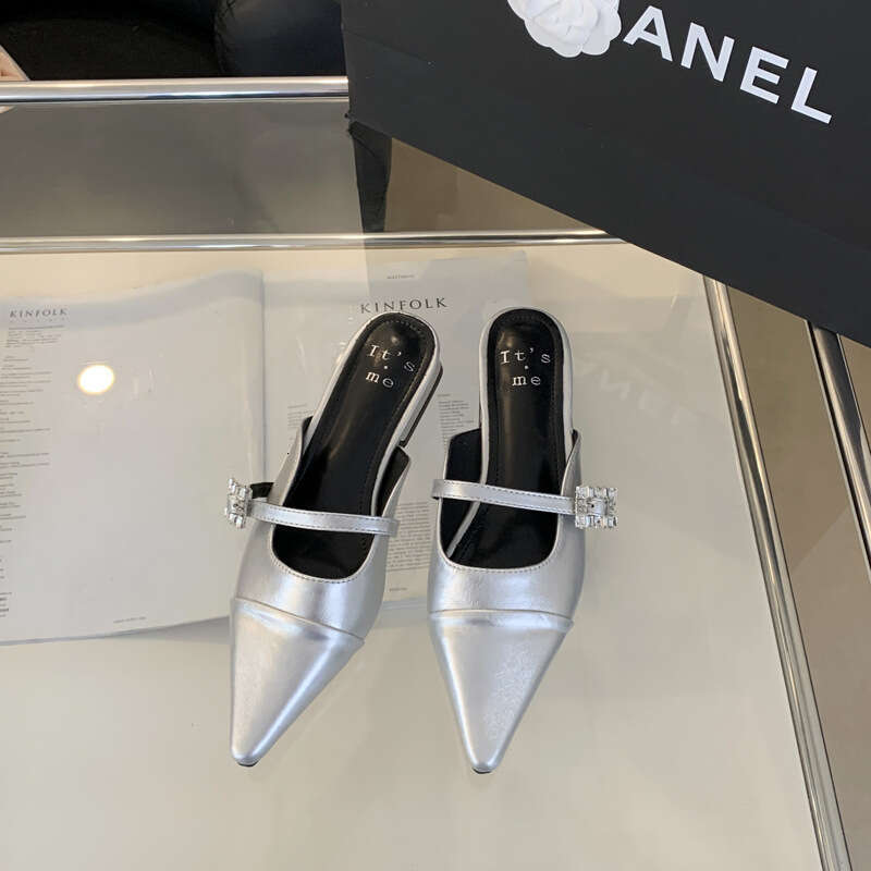 2025 Spring/Summer One-Strap Rhinestone Buckle Single Tote Open Back Pointed Fairy Fashion Closed-Toe Half Slippers Flat Shoes