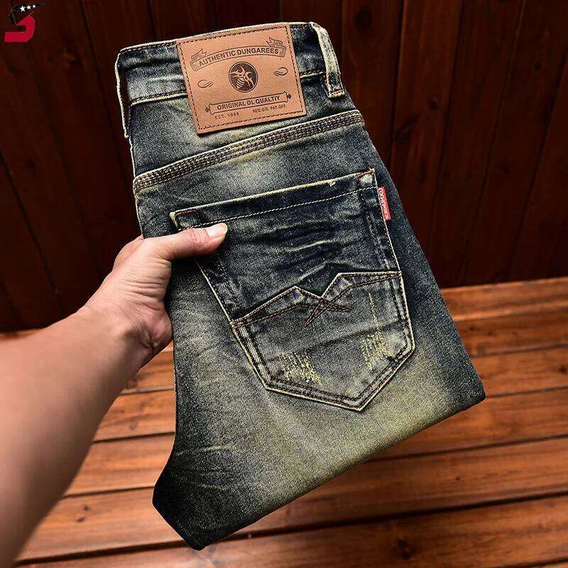 High-End Motorcycle Jeans Men's Autumn Washed-out Vintage Nostalgic Fall Slim Fit Straight Stretch Denim Long Pants